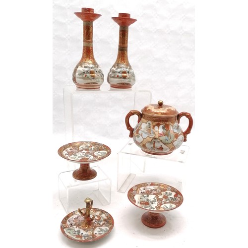 39 - Japanese kutani pair of tazzas, pair of candlesticks (17.5cm), sugar basin & ring holder etc - tazza... 