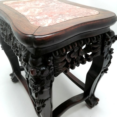 41 - Antique Chinese hardwood carved stand with inset marble top top on ball claw feet - 32cm x 42cm x 44... 