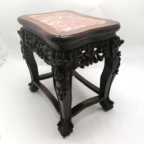 41 - Antique Chinese hardwood carved stand with inset marble top top on ball claw feet - 32cm x 42cm x 44... 