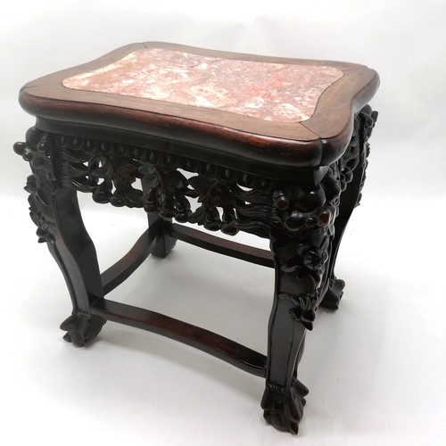 41 - Antique Chinese hardwood carved stand with inset marble top top on ball claw feet - 32cm x 42cm x 44... 