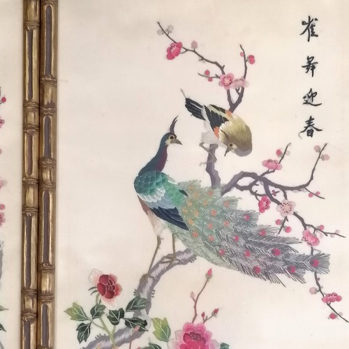 48 - 2 x Oriental Chinese hand embroideries depicting birds with prunus - faux bamboo frames 60.5cm x 38c... 