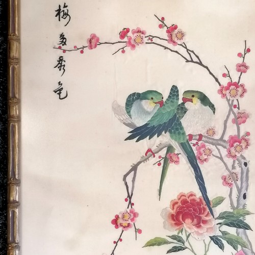 48 - 2 x Oriental Chinese hand embroideries depicting birds with prunus - faux bamboo frames 60.5cm x 38c... 