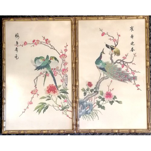 48 - 2 x Oriental Chinese hand embroideries depicting birds with prunus - faux bamboo frames 60.5cm x 38c... 