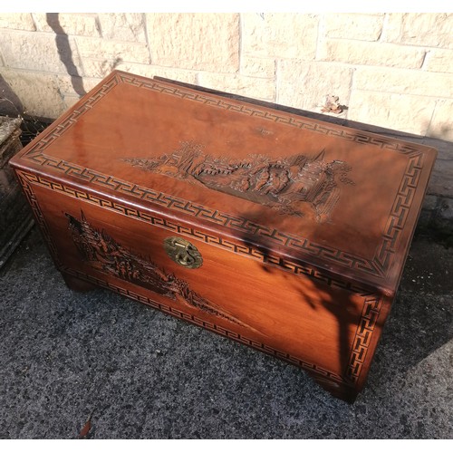 50 - Oriental carved Camphorwood blanket box, with carved village scenes within greek key pattern border,... 