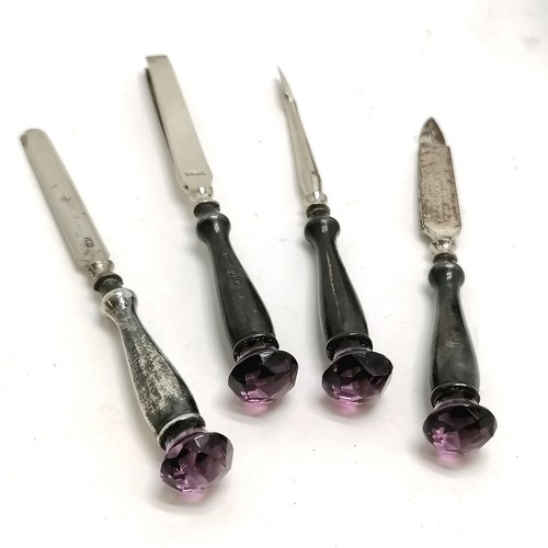 1000 - 1910 silver handled set of nail utensils with purple glass thistle finials in original box by Willia... 