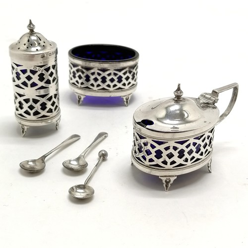 1001 - 1925 silver 3 piece cruet set with blue glass liners by Robert Pringle & Sons t/w 3 x silver condime... 