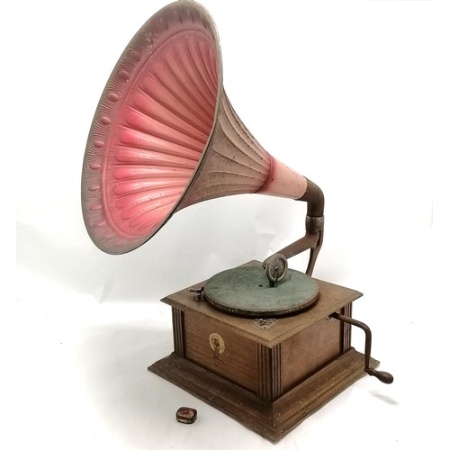 3 - Vintage gramophone, working order but does need some attention, signs of worm to case, t/w HMV needl... 