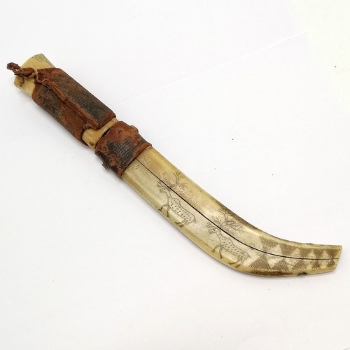 5 - Antique Inuit animal bone skinning knife with bone blade in original 2 part bone sheath with geometr... 