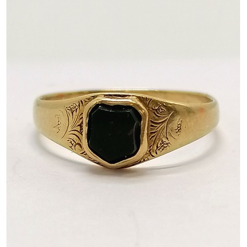 654 - Antique unmarked gold (touch tests as 18ct) childs? signet ring inset with bloodstone shield with en... 