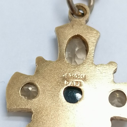 701 - Percossi Papi stone set cross pendant with enamel detail on a gold tone 54cm chain