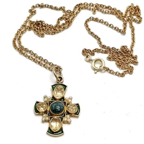 701 - Percossi Papi stone set cross pendant with enamel detail on a gold tone 54cm chain