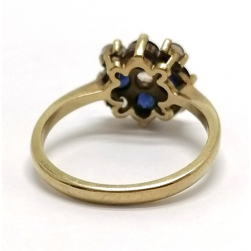 804 - 9ct hallmarked gold blue & white stone 9 stone cluster ring - size P & 2.9g total weight