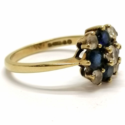 804 - 9ct hallmarked gold blue & white stone 9 stone cluster ring - size P & 2.9g total weight