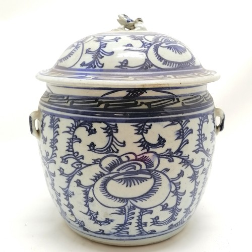 19 - Antique Chinese blue & white pot (with 4 lugs to body) with cover with kylin / qilin finial on a han... 