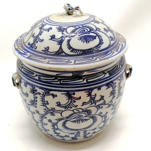 19 - Antique Chinese blue & white pot (with 4 lugs to body) with cover with kylin / qilin finial on a han... 