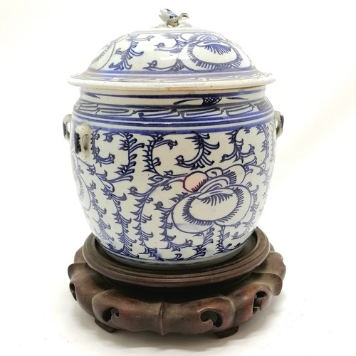 19 - Antique Chinese blue & white pot (with 4 lugs to body) with cover with kylin / qilin finial on a han... 