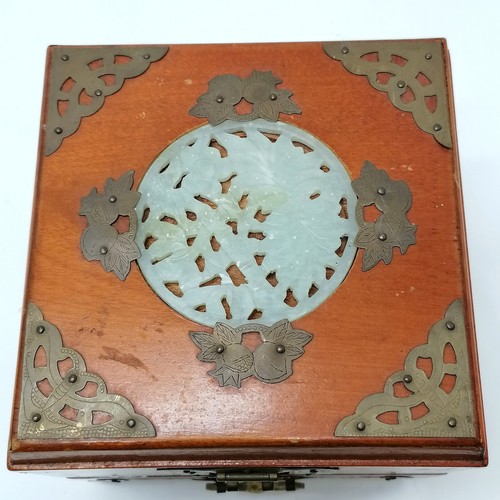 20 - Oriental jewellery box with fitted interior and drawer. Inlaid with carved jade panels- 15cm x 15cm ... 