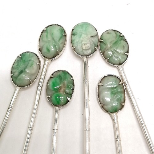 31 - Set of 6 white metal teaspoons set with hand carved Chinese jade detail - 11.5cm long