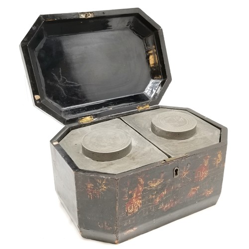 36 - Antique Chinese black & gold lacquer box with original pewter tea caddy cannisters - 26cm x 18cm x 1... 