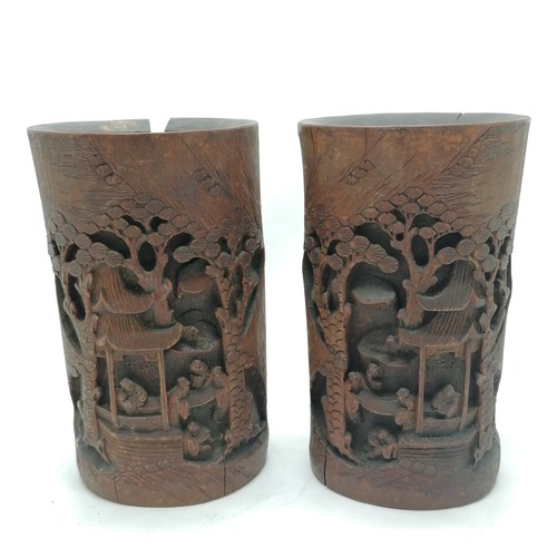 38 - Antique Oriental Chinese pair of carved bamboo vases - 22.5cm high - both with obvious damage / spli... 