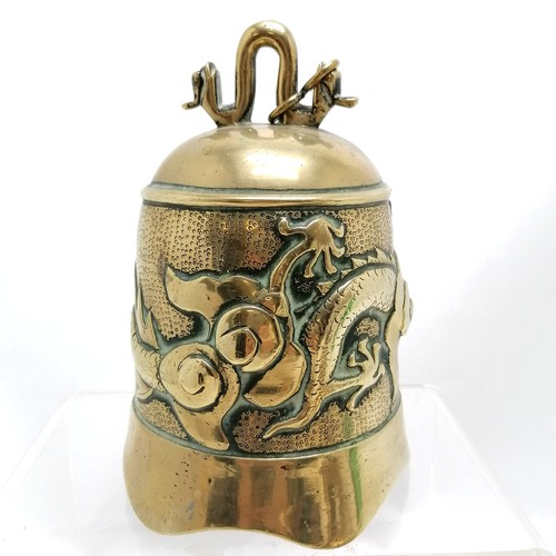 41 - 2 x Oriental Chinese temple bells - tallest 20cm has dragon chasing flaming pearl detail and in poli... 