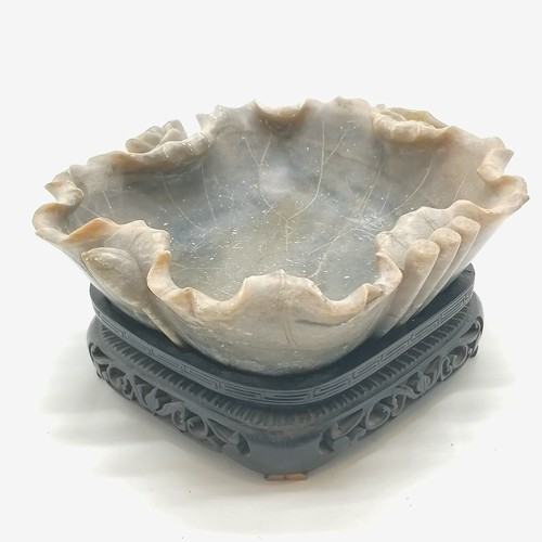 42 - Antique Chinese hand carved soapstone water vessel in the form of a lily pad with original hand carv... 