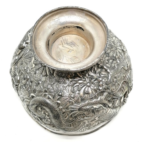 44 - Antique Oriental heavy (2.8kgs) antimony bowl with dragon detail - 22cm diameter x 14cm high and has... 