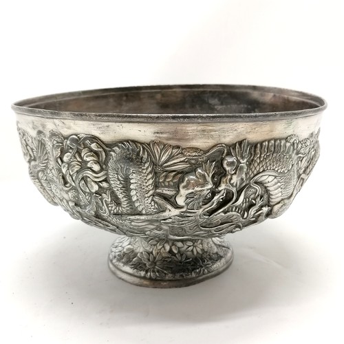 44 - Antique Oriental heavy (2.8kgs) antimony bowl with dragon detail - 22cm diameter x 14cm high and has... 