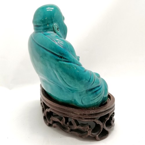 45 - Chinese Republic period blue glaze seated Buddha on hardwood carved stand - total height 24cm with n... 