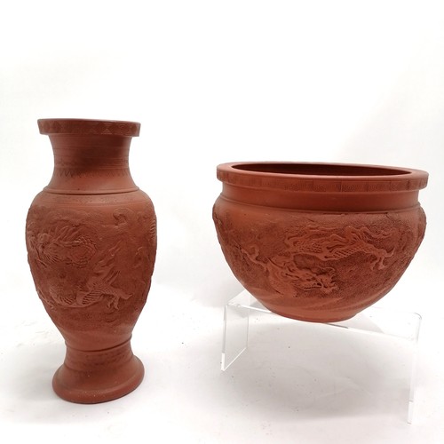 48 - Antique 2 x Oriental Chinese red clay terracotta vase (31cm high) + bowl (23.5cm diameter) both with... 