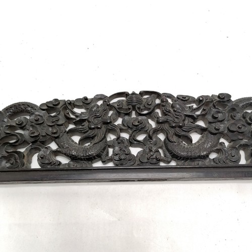 56 - Antique hand carved Chinese wooden frieze depicting 2 dragons and clouds - 83cm long & has 1 small l... 