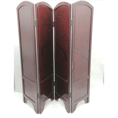 57 - Oriental red & black lacquer 4fold screen with mother of pearl / bone bird and prunus detail - 106cm... 