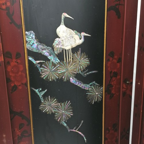 57 - Oriental red & black lacquer 4fold screen with mother of pearl / bone bird and prunus detail - 106cm... 