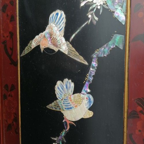 57 - Oriental red & black lacquer 4fold screen with mother of pearl / bone bird and prunus detail - 106cm... 