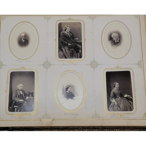 60 - Antique Coromandel wood covered photograph album inset with assorted agate stones, containing portra... 