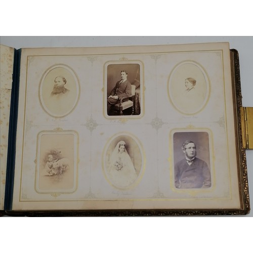 60 - Antique Coromandel wood covered photograph album inset with assorted agate stones, containing portra... 