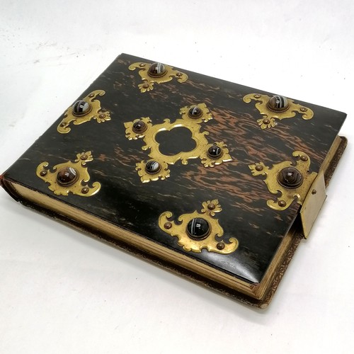 60 - Antique Coromandel wood covered photograph album inset with assorted agate stones, containing portra... 