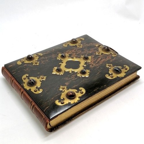 60 - Antique Coromandel wood covered photograph album inset with assorted agate stones, containing portra... 