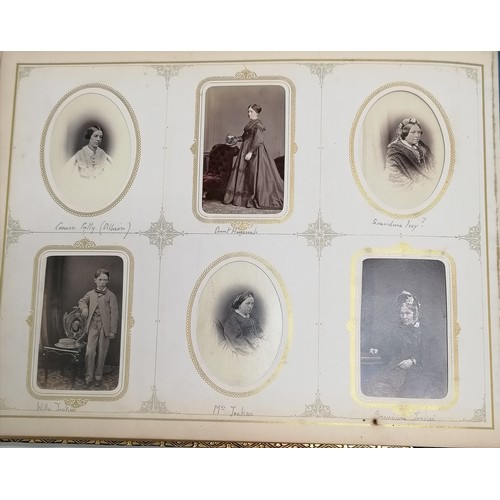 60 - Antique Coromandel wood covered photograph album inset with assorted agate stones, containing portra... 