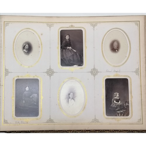 60 - Antique Coromandel wood covered photograph album inset with assorted agate stones, containing portra... 