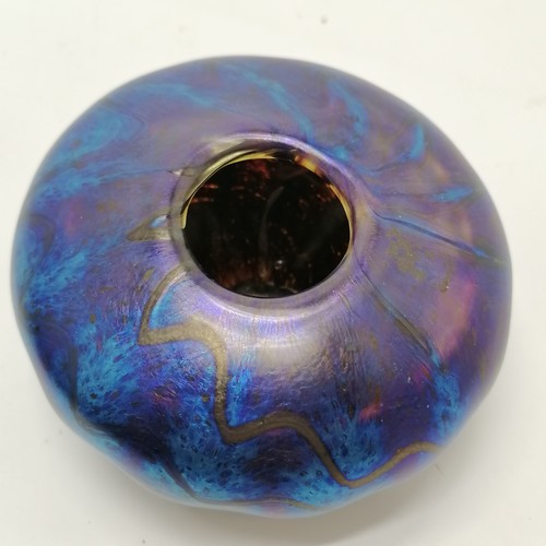 69 - 1983 dated and signed Iridescent art glass vase - 10cm diameter x 6cm high