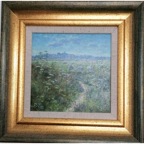 79 - Small framed oil of sheep on the marsh near Rye signed P.Jay - frame 24cm x 24cm