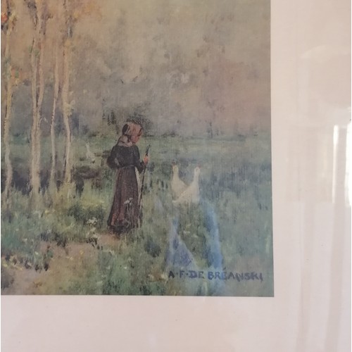 80 - Framed print of a lady with geese near a lake with trees by A F De Breanski - 61.5cm x 81cm