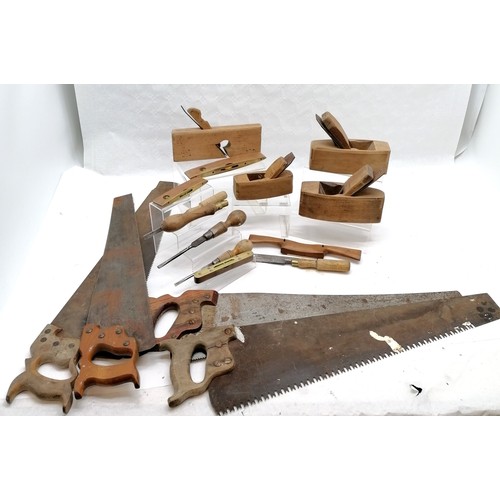 84 - Qty of vintage tools inc 4 x saws (longest 78cm), 4 wood planes, spokeshave, 2 x J Rabone spirit lev... 