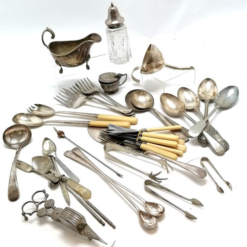 95 - Qty of silver plated cutlery t/w antique sprung candle snuffers (17cm), cut glass sugar dredger (in ... 