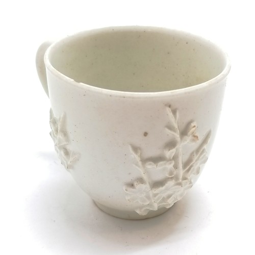 114 - c.1750's Bow white porcelain (Blanc de chine) cup with applied prunus decoration - 5.5cm high x 6cm ... 