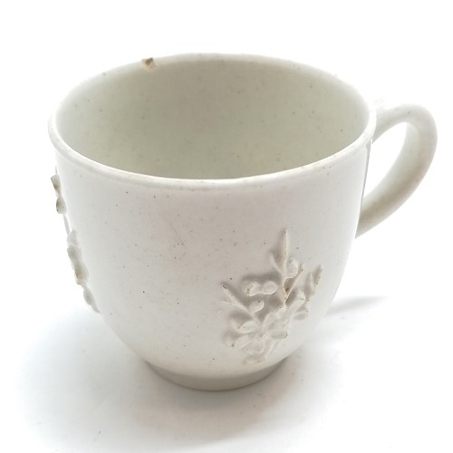 114 - c.1750's Bow white porcelain (Blanc de chine) cup with applied prunus decoration - 5.5cm high x 6cm ... 