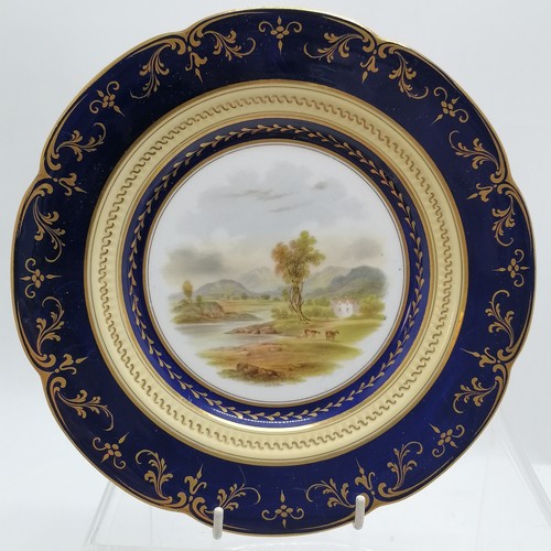 118 - Antique English porcelain hand painted plate with blue & yellow ground decoration (23.5cm) t/w Coalp... 