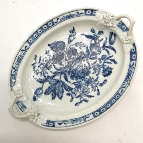 120 - c.1775 Worcester blue & white oval dish with 2 handles - 18cm x 13.5cm & has restoration to both han... 