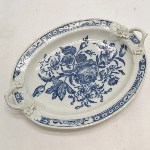 120 - c.1775 Worcester blue & white oval dish with 2 handles - 18cm x 13.5cm & has restoration to both han... 